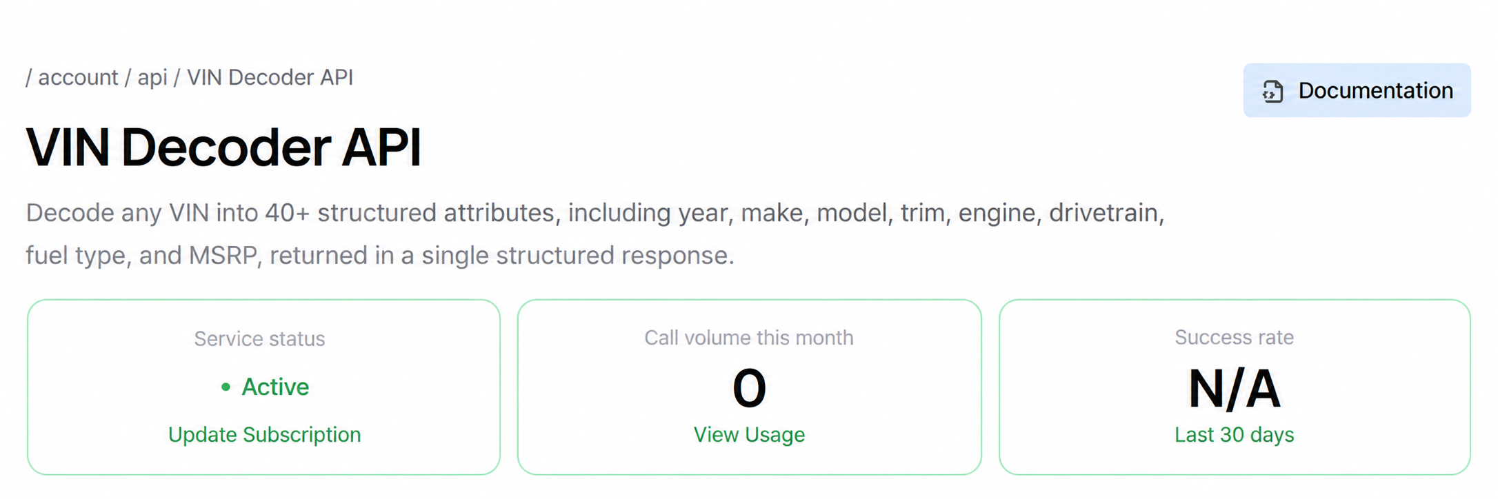 VinAudit account showing the VIN Decoder API service enabled